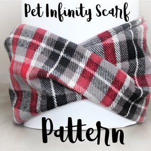 May include: Red, black, white, and gray plaid infinity scarf pattern.  Pet Infinity Scarf Pattern.