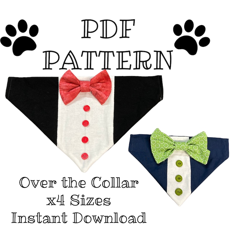 PDF PATTERN/Tutorial Bowtie Over the Collar dog Bandana Instant Download PDF 4 sizes included image 1