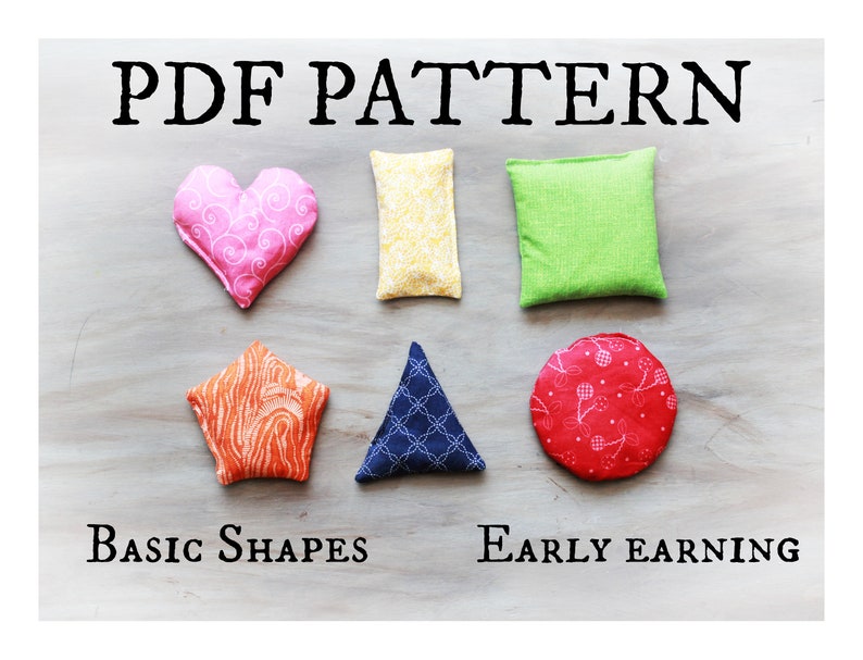May include: PDF pattern for making six basic shapes: heart, rectangle, square, star, triangle, and circle. The shapes are made of fabric with different patterns and colors. The text "PDF PATTERN", "BASIC SHAPES", and "EARLY EARNING" is visible on the image.
