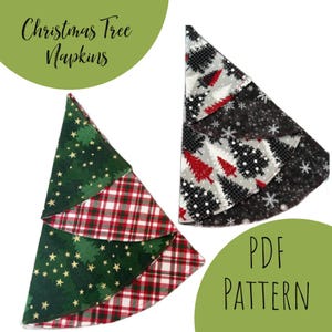 May include: Two Christmas tree napkin patterns. One pattern is green with gold stars and red and white plaid. The other pattern is black with white snowflakes and red and white trees. The text "PDF PATTERN" is in the bottom right corner.