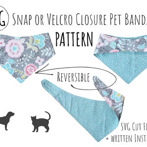 May include: SVG pattern for a reversible pet bandana with a floral print on one side and a blue polka dot print on the other side. The bandana can be closed with a snap or velcro closure. The pattern includes SVG cut files and written instructions.