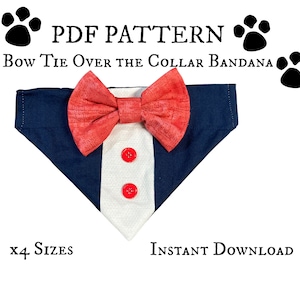 Könnte beinhalten: PDF-Muster für ein Fliege-über-dem-Kragen-Bandana für Hunde. Das Bandana ist marineblau mit einem weißen Kragen und einer roten Fliege. Das Muster ist in vier Größen erhältlich.  "PDF PATTERN BOW TIE OVER THE COLLAR BANDANA x4 SIZES INSTANT DOWNLOAD"
