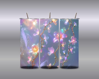 Fairy Light Flowers Tumbler Wrap | Iridescent Rainbow Blossoms (Digital Download)