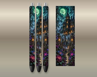 PNG-Bundle mit Stiftgriffen im Spukhaus-Stil, gotisches viktorianisches Herrenhaus, vier mondbeschienene Farben, Halloween-Download