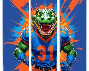 Fierce Alligator Football Player Tumbler Wrap PNG, 30oz Skinny Sublimation Design, Orange Blue Athlete Digital Download