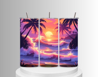 Tropischer Sonnenuntergang Strand Tumbler Wrap Bundle - Palmen Ozeanwellen Nahtlose PNG