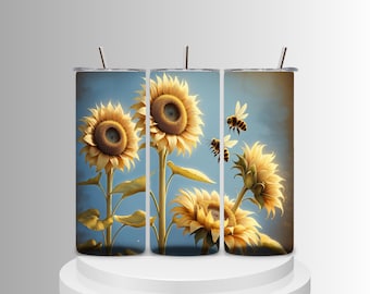 Sunflower Bee Tumbler Wrap Bundle - Goldene Sonnenblumen und Honigbienen PNG Designs | Summer Floral Sublimation 4er-Pack für 20oz / 30oz Becher