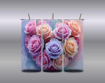 Pastell Regenbogen Rose Herz 30 Unzen Tumbler Wrap - Blumen Aquarell Design - sofort digitaler Download