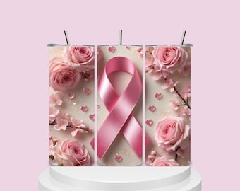 Set mit Etiketten für Becher zur Sensibilisierung für Brustkrebs, 4 PNG-Dateien mit rosa Schleifen und Blumenmotiven, Sublimations-Downloads