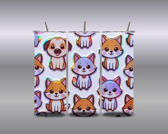 Cute Dog & Fox Tumbler Wraps – Holographic Animal PNG Bundle (30oz Skinny Tumbler)