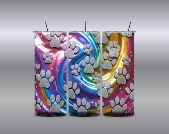 Holographic Glitter Paw Print Tumbler Wraps: Rainbow Pet Design (Digital Download)