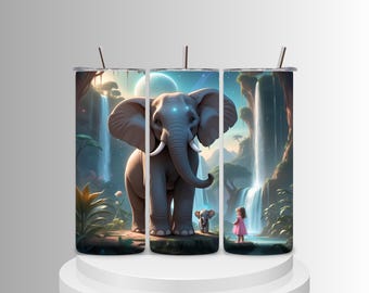 Magical Girl Elephant cascade gobelet Wrap PNG Fantasy au clair de lune Jungle chambre d'enfant Art en téléchargement numérique