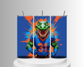 Becherfolie mit wildem Alligator-Footballspieler-Motiv (PNG), 30 oz (ca. 887 ml), schmales Sublimationsdesign, orange-blauer Athlet (digitaler Download)