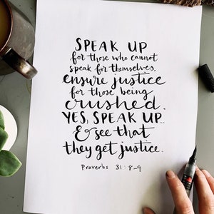 Justice Bible verse wall art, Proverbs 31:8-9, 8x10 brushpen calligraphy