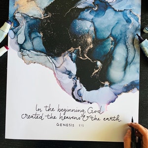 Genesis 1:1 Bible verse wall art, alcohol ink painting, fluid art print