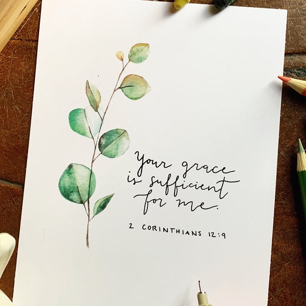 Your grace is sufficient for me Bible verse wall art, 2 Corinthians 12:9, eucalyptus watercolor painting