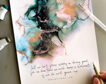 Arte mural con versículo bíblico de Gálatas 6:9, pintura con tinta de alcohol, arte fluido abstracto
