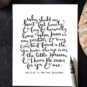 His Eye is on the Sparrow printable, Christian wall art, 8x10 calligraphy hymn