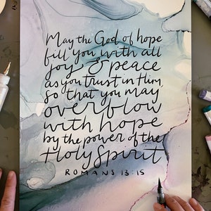 Romans 15:13 Bible verse wall art, God of hope Christian poster, alcohol ink painting, fluid art, joy and peace Bible verse sign