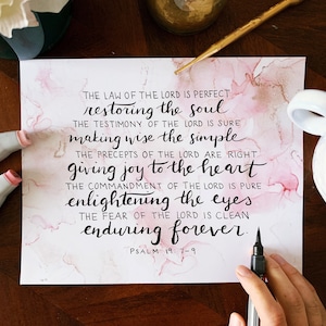 Psalm 19 Bible verse wall art; pink alcohol ink calligraphy, 8x10