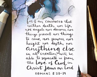 Romans 8:38-39 Bible verse wall art, alcohol ink painting, fluid art Scripture signs