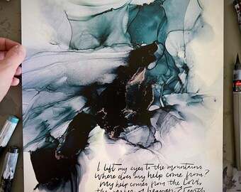 I lift up my eyes to the mountains sign, Psalm 121 Bible verse wall art, my help comes from the Lord sign, alcohol ink painting, fluid art
