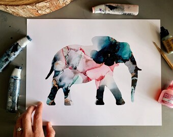 Elephant abstract painting, alcohol ink fluid art