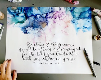 Josué 1:9 Arte de la pared del versículo bíblico, pintura con tinta de alcohol, signos de las Escrituras
