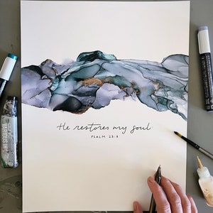 He restores my soul Bible verse wall art, Psalm 23 sign, the Lord is my shepherd Christian poster, alcohol ink painting, abstract painting
