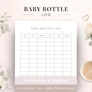 Op de afbeelding: Een afdrukbaar babyfleslogboek met de tekst "BABY BOTTLE LOG". Het logboek bevat kolommen voor datum, tijd en hoeveelheid. De onderkant van het logboek luidt "Printable & Digital" en bevat papierformaatopties. De afbeelding is omgeven door bloemen en een kopje koffie.