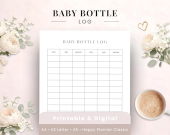 Baby Bottle Log Printable Feeding Tracker, Infant Milk Intake Record, Newborn Feeding Chart Digital Download A4 A5 US Letter Happy Planner