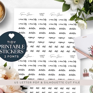 May include: Tidy printable stickers in two fonts, featuring phrases such as "is min tidy", "declutter", and "organise". The stickers are on a white background, with a cup of coffee and flowers in the image.