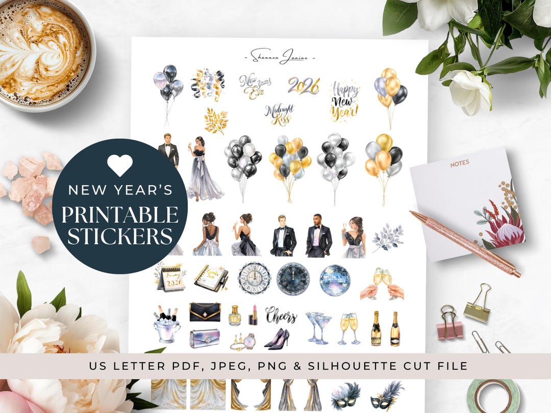 New Year's Eve Glam Printable Stickers – Digital Planner PDF, Happy ...