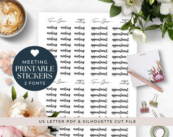 Meeting Printable Planner Stickers for Happy Planner Erin Condren Bujo Hobo Journal, Text Script Font, Functional, Minimalist, Weekly