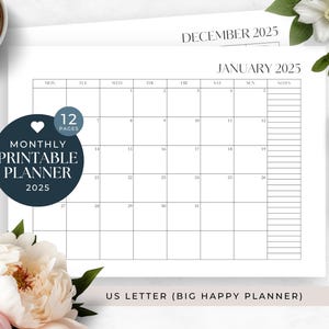2025 MO1P Printable Planner Inserts, Happy Planner HP Big, US Letter, Minimalist Monthly Calendar, Sunday Monday PDF, Desk Wall Calendar