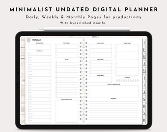 Planificador digital minimalista sin fecha / Planificador estético / Planificador semanal, Planificador diario, Planificador mensual / Planificador Goodnotes / Con hipervínculos