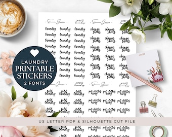 Wash Laundry Printable Planner Stickers for Happy Planner Erin Condren Bujo Hobo Journal, Text Script Font, Functional, Minimalist, Weekly