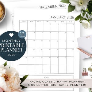 May include: A flat lay featuring a 2026 monthly printable planner with a calendar page open to January. The image includes a coffee cup, flowers, and stationery. The planner is available in A4, A5, Classic Happy Planner, and US Letter sizes.