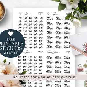 May include: Printable stickers featuring the words "sale" and "new releases" in two fonts. The image includes a cup of coffee, flowers, and stationery items such as a notepad and a pen.