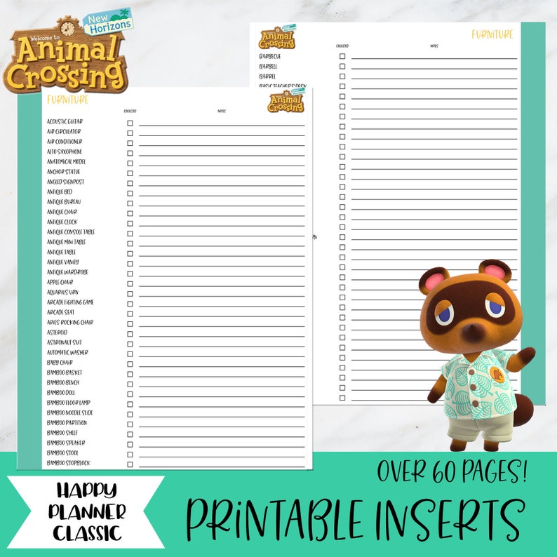 ACNH Insert Animal Crossing New Horizons Printable Checklist | Etsy