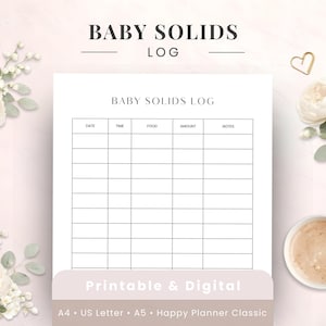 Registro de alimentación imprimible para bebés, registro de introducción de alimentos, descarga digital, planificador Happy Planner tamaño A4, A5, tamaño carta (EE. UU.)
