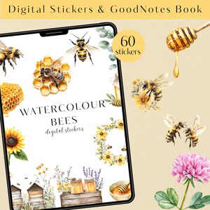 Puede incluir: Pegatinas digitales y libro GoodNotes con ilustraciones de abejas en acuarela. Las pegatinas digitales incluyen imágenes de abejas, panales, girasoles y tarros de miel. La tableta muestra "WATERCOLOUR BEES digital stickers". La imagen también incluye el texto "60 stickers".