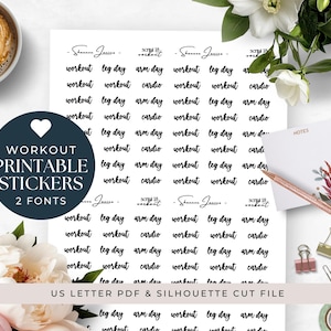 May include: A collection of printable workout stickers in two fonts, featuring phrases like "workout," "leg day," and "cardio." The stickers are arranged on white paper, with a dark blue circle graphic that says "Workout Printable Stickers".
