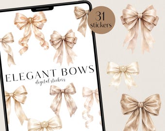 Elegant Neutral Bow Digital Stickers for iPad GoodNotes, Satin Ribbon Clipart, Soft Beige Luxe Digital Planner PDF, PNG, Notability
