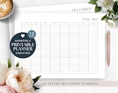 Undated Lined Landscape Printable Monthly Planner, Happy Planner Big, HP US Letter, Minimalist Monthly Calendar, Sunday Monday Start, PDF