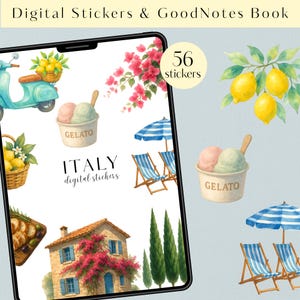 May include: Digital stickers and GoodNotes book featuring watercolor illustrations of Italian scenes. Includes a scooter, gelato, lemons, beach chairs, and a house with flowers. The text reads "ITALY digital stickers" and "56 stickers".