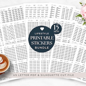 May include: A bundle of printable lifestyle stickers in black on white. The stickers feature phrases such as "happy," "weekend," and "appointment." A coffee cup with latte art is in the lower left. Text reads "LIFESTYLE PRINTABLE STICKERS BUNDLE" and "15 SETS".