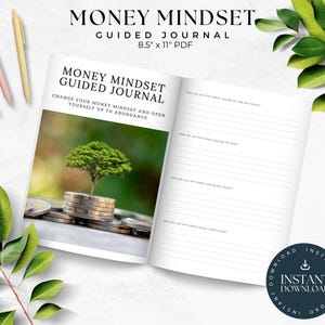 May include: A "Money Mindset Guided Journal" with the text "Change your money mindset and open yourself up to abundance." The journal is open, revealing lined pages. A tree grows from a stack of coins on the cover. Three pens are visible.