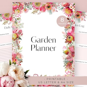 Könnte beinhalten: Ein floraler Gartenplaner mit dem Text "Garden Planner" in fetter Schrift. Der Planer ist von einem Aquarell-Blumenrand in Rosa-, Rot- und Gelbtönen umgeben. Er hat 8 Seiten und ist in den Größen US Letter und A4 erhältlich.