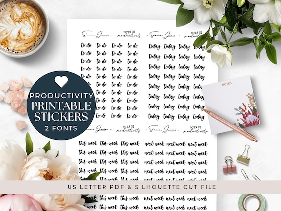 Productivity Printable Planner Stickers for Happy Planner Erin Condren Bujo Hobo Journal, Text Script Font, Functional, Minimalist, Weekly